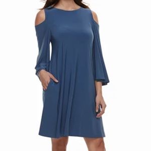 Nina Leonard GUC Draped Sleeve Cold-Shoulder Dress - Blue
